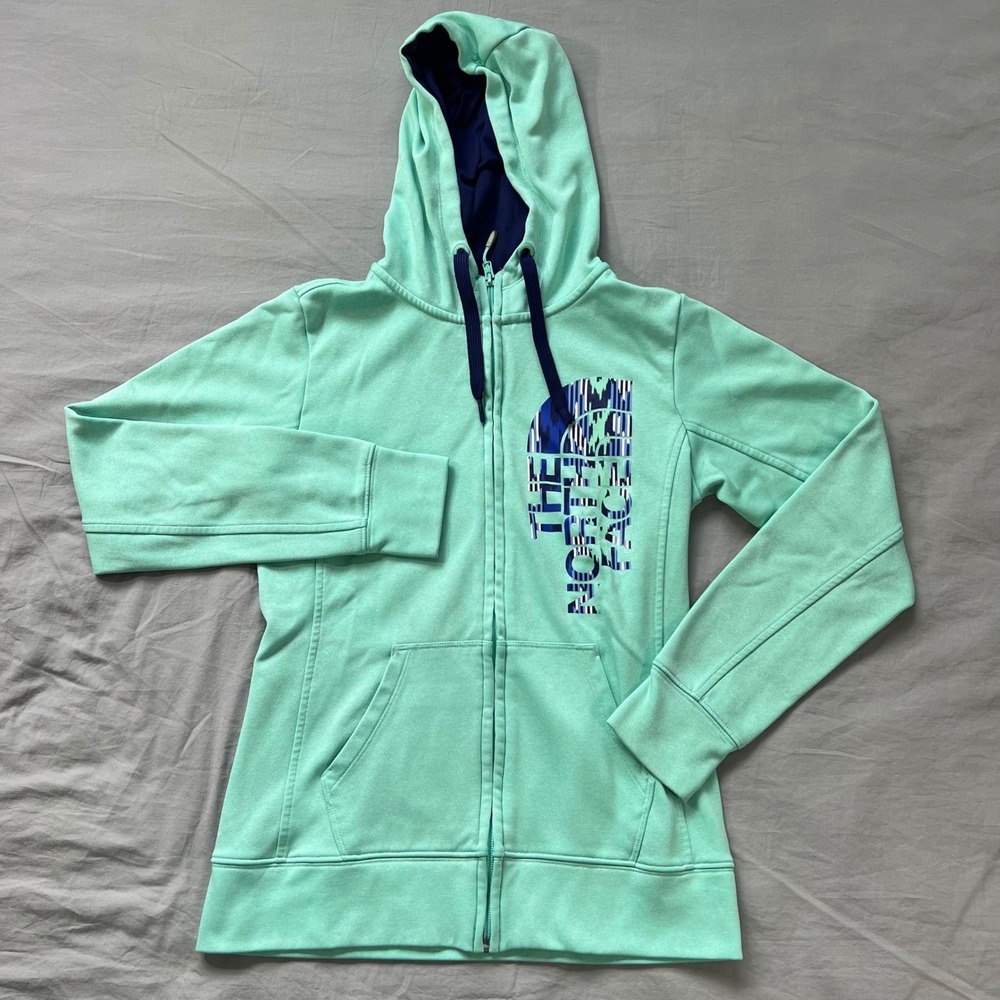 THE NORTH FACE Womens Zip Up Hoodie Size Small Mint Green Logo Print Thumbholes
